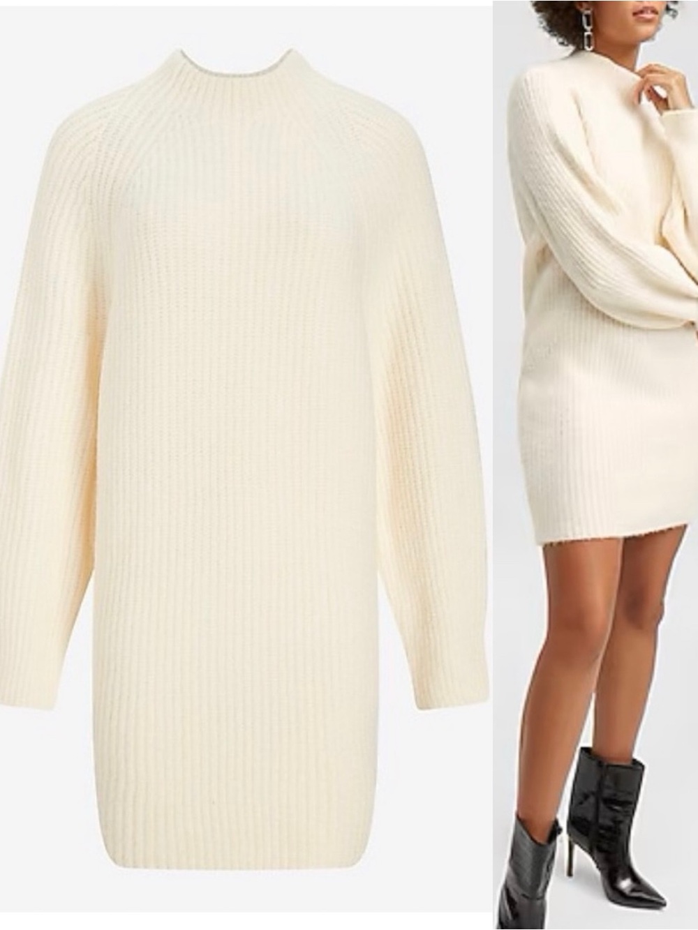 EXPRESS Sweater Shift Dress Knit Mock Neck Long Sleeve Ivory XS